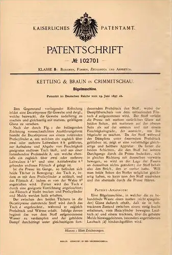 Original Patentschrift - Kettling & Braun in Crimmitschau , 1897 , Bügelmaschine  Bügeleisen , Bügeln !!!