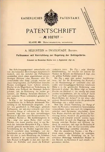 Original Patentschrift - A. Seligstein in Ingolstadt , 1897 , Fallhammer mit Regelung , Metallbau !!!