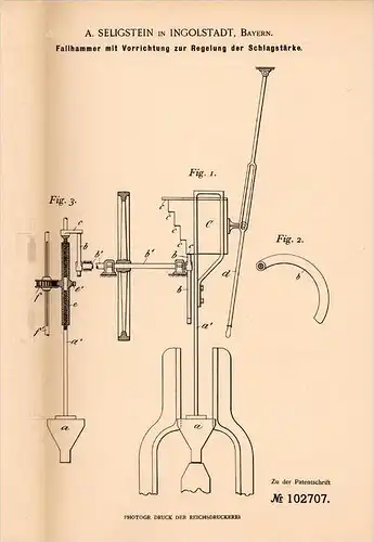 Original Patentschrift - A. Seligstein in Ingolstadt , 1897 , Fallhammer mit Regelung , Metallbau !!!