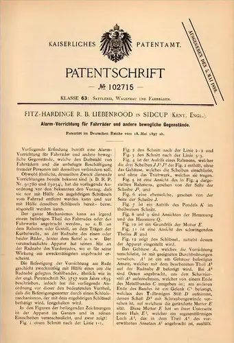 Original Patentschrift - R. Liebenrood in Sidcup , Kent , 1897, for bicycle theft alarm , Alarmanlage !!!