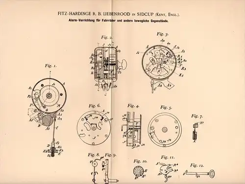 Original Patentschrift - R. Liebenrood in Sidcup , Kent , 1897, for bicycle theft alarm , Alarmanlage !!!