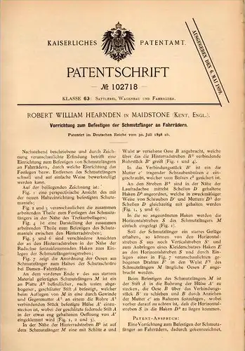 Original Patentschrift - R. Hearnden in Maidstone , Kent , 1898 , strainer for fixing on bicycle , Fahrrad !!!