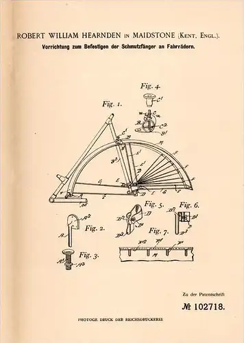 Original Patentschrift - R. Hearnden in Maidstone , Kent , 1898 , strainer for fixing on bicycle , Fahrrad !!!