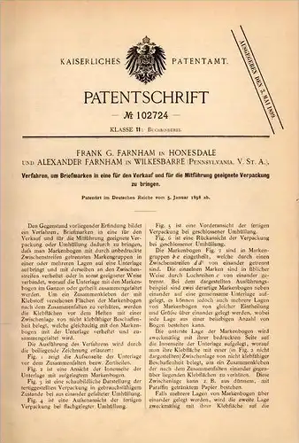 Original Patentschrift - F. Farnham in Honesdale and Wilkesbarre , 1898 , Packaging for stamps , stamp , post !!!