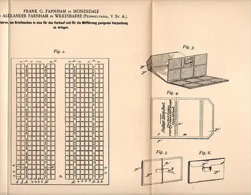 Original Patentschrift - F. Farnham in Honesdale and Wilkesbarre , 1898 , Packaging for stamps , stamp , post !!!