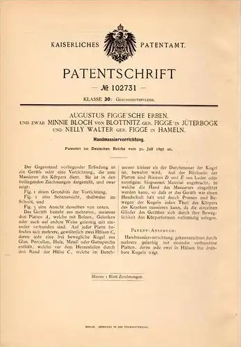 Original Patentschrift - M. Bloch von Blottnitz , A. Figge in Jüterbog und Hameln , 1897 , Massierapparat , Massage !!!