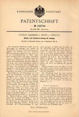 Original Patentschrift - G. Sachers in Moys b. Görlitz , 1898 , Schutz für Aufzug , Lift , Fahrstuhl , Zgorzelec !!!