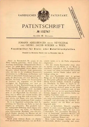 Original Patentschrift - J. Adelsberger recte Neveceral in Wien , 1897 , Mittel für Druckplatten , Druckerei , Buchdruck