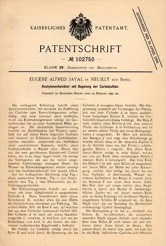 Original Patentschrift - E. Javal in Neuilly sur Seine , 1897 ,développeurs ayant carbure pour la fourniture d´acétylène