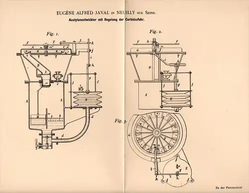 Original Patentschrift - E. Javal in Neuilly sur Seine , 1897 ,développeurs ayant carbure pour la fourniture d´acétylène