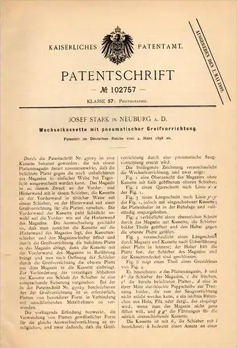 Original Patentschrift - J. Stark in Neuburg a.d. Donau , 1898 , Wechselkassette , Platten - Photographie , Fotografie !