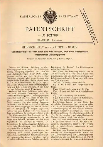 Original Patentschrift - H. Halt auf der Heide in Berlin , 1898 , Sicherheitsschloß , Schlüsseldienst !!!