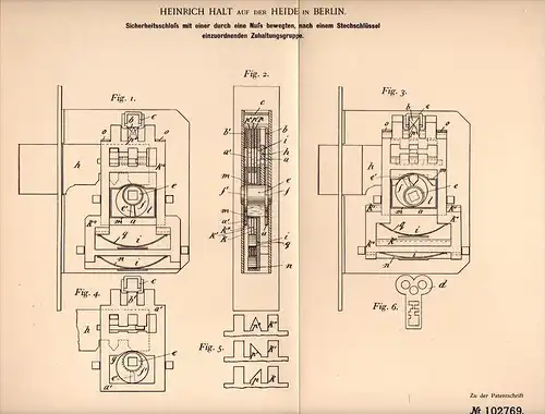 Original Patentschrift - H. Halt auf der Heide in Berlin , 1898 , Sicherheitsschloß , Schlüsseldienst !!!