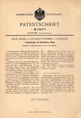Original Patentschrift - E. Kühn in Unterkatternberg b. Solingen , 1898 , Taschenmesser , Messer mit fester Klinge !!!