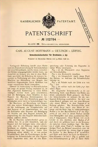 Original Patentschrift - C. Hoffmann in Oetzsch b. Leipzig , 1898 . Apparat für Drehbank , Dreheirei !!!