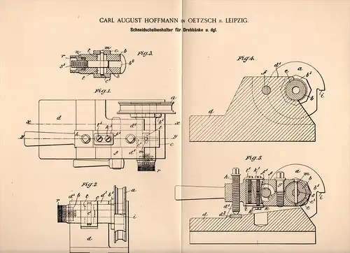 Original Patentschrift - C. Hoffmann in Oetzsch b. Leipzig , 1898 . Apparat für Drehbank , Dreheirei !!!