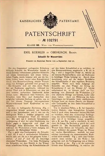 Original Patentschrift - E. Koehler in Oberkirch i. Baden , 1898 , Schaufel für Wasserrad , Mühle , Wasserwerk !!!