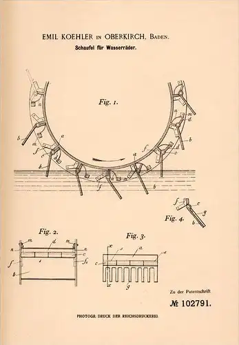 Original Patentschrift - E. Koehler in Oberkirch i. Baden , 1898 , Schaufel für Wasserrad , Mühle , Wasserwerk !!!
