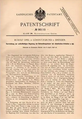 Original Patentschrift - Rudolf Opel in Lößnitzgrund , 1896 , Apparat für chemische Arbeiten , Chemie !!!