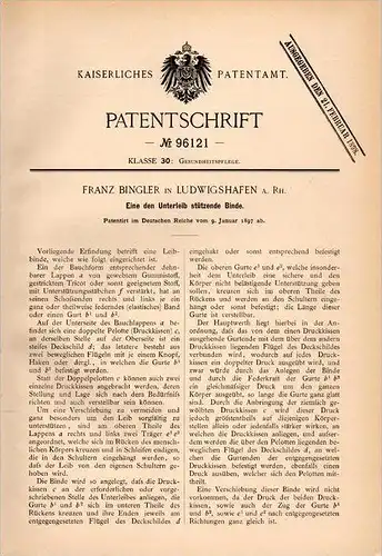 Original Patentschrift - F. Bingler in Ludwigshafen a.Rh., 1897 , Unterleib - Stützbinde , Arzt , Leibbinde , Gesundheit