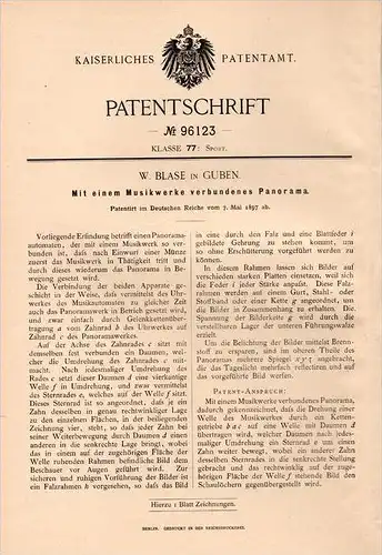 Original Patentschrift - W. Blase in Guben , 1897 , Panorama mit Musikwerk !!!