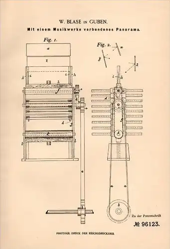 Original Patentschrift - W. Blase in Guben , 1897 , Panorama mit Musikwerk !!!