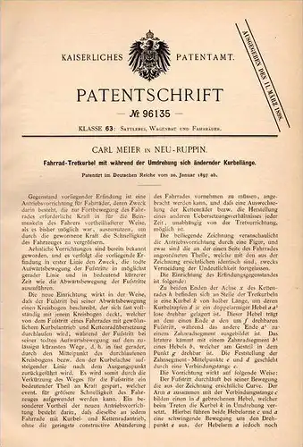 Original Patentschrift - Carl Meier in Neuruppin , 1897 , Fahrrad - Tretkurbel , Fahrräder !!!