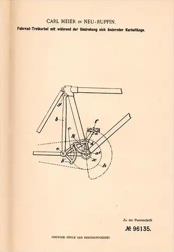 Original Patentschrift - Carl Meier in Neuruppin , 1897 , Fahrrad - Tretkurbel , Fahrräder !!!