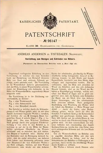Original Patentschrift - A. Andersen in Tistedalen , Norway , 1897 , Maschine zum Entrinden von Holz , Forst !!!