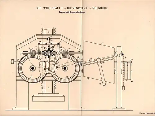 Original Patentschrift - J. Spaeth in Dutzendteich b. Nürnberg , 1897 , Presse mit Doppelzahnstange !!!