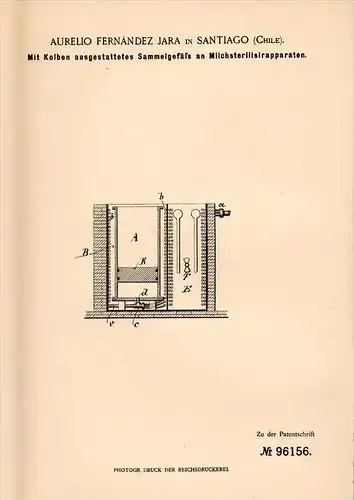 Original Patentschrift - A. Jara in Santiago , Chile , 1895 , Sammelgefäß für Milch - Sterilisator  !!!