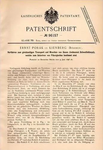 Original Patentschrift - E. Porák in Kienberg / Lou&#269;ovice , 1896 , Transport und Wäsche von Gas , Chemie !!!