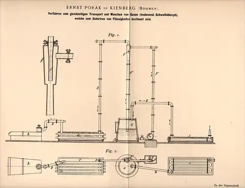 Original Patentschrift - E. Porák in Kienberg / Lou&#269;ovice , 1896 , Transport und Wäsche von Gas , Chemie !!!