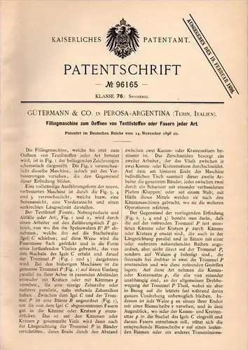 Original Patentschrift - Gütermann & Co in Perosa Argentina , 1896 , Macchine per la filatura, filatoio , Turin , Italia