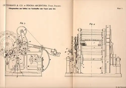 Original Patentschrift - Gütermann & Co in Perosa Argentina , 1896 , Macchine per la filatura, filatoio , Turin , Italia