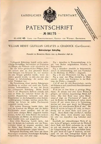 Original Patentschrift - W. Greaves in Cradock , 1896 , Südafrika , Kehrpflug , Pflug , Landwirtschaft , Agrar , Afrika