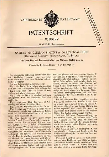 Original Patentschrift - S. Simons in Darby Township , 1897 , Falz zum Kleben von Blättern und Karten , Delaware !!!