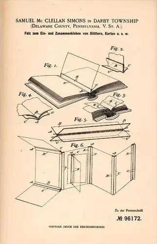 Original Patentschrift - S. Simons in Darby Township , 1897 , Falz zum Kleben von Blättern und Karten , Delaware !!!