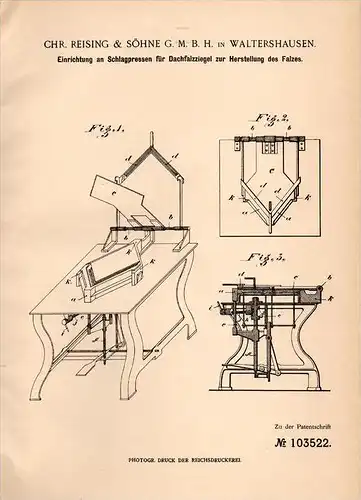 Original Patentschrift - Chr. Reising & Söhne in Waltershausen , 1898 , Dachziegel - Presse , Dachdecker , Dach  !!!