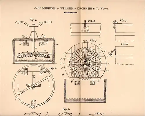 Original Patentschrift - J. Deininger in Weilheim a.d. Teck , 1898 , Waschmaschine , Kirchheim , Wäscherei , Wäsche !!!