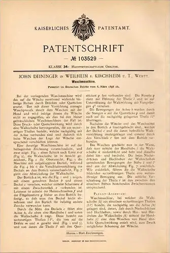 Original Patentschrift - J. Deininger in Weilheim a.d. Teck , 1898 , Waschmaschine , Kirchheim , Wäscherei , Wäsche !!!