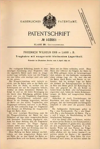 Original Patentschrift - F. Erb in Lahr i.B., 1897 , Tragbahre , Bahre , Arzt , Krankenhaus , Unfall !!!