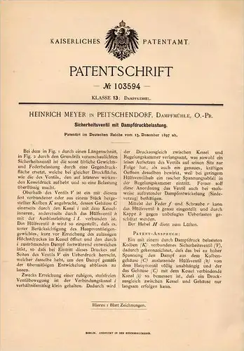 Original Patentschrift - H. Meyer in Peitschendorf / Ostpreußen , 1897 , Sicherheitsventil für Dampfmaschine , Piecki !!