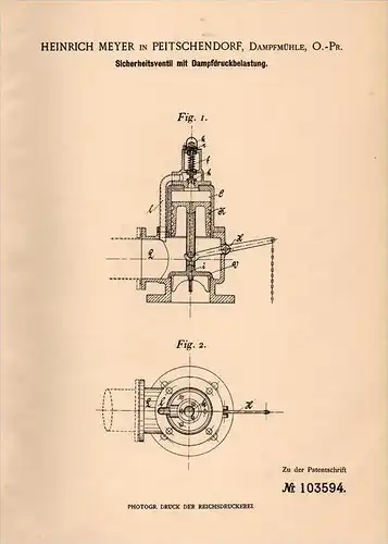 Original Patentschrift - H. Meyer in Peitschendorf / Ostpreußen , 1897 , Sicherheitsventil für Dampfmaschine , Piecki !!