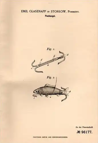 Original Patentschrift - E. Glasenapp in Storkow , Pommern , 1897 , Fischangel , Angel , Fischen , Angeln , Storkowo !!!