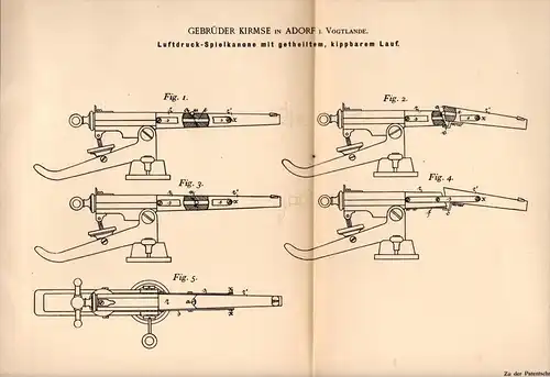 Original Patentschrift - Gebr. Kirmse in Adorf i. Vogtland , 1897 , Luftdruck - Spielkanone , Spielzeug - Pistole !!!