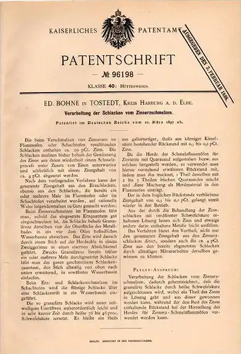 Original Patentschrift - E. Bohne in Tostedt b. Harburg a. Elbe , 1897 , Zinn - Verarbeitung , Schlacke , Bergbau !!!