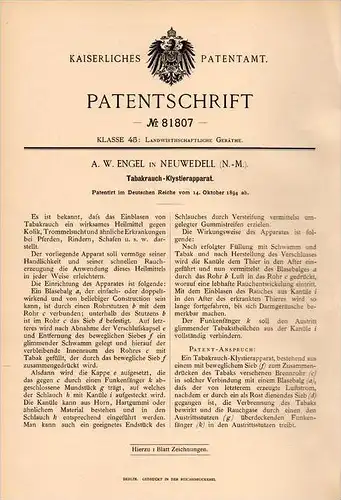 Original Patentschrift - A. Engel in Neuwedell / Drawno ,1894, Tabak - Rauchapparat , Heilmittel für Tiere , Tierarzt !!