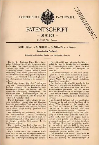 Original Patentschrift - Gebr. Binz in Senheim b. Senhals a. Mosel , 1894 , umlaufendes Preßwerk , Presse !!!