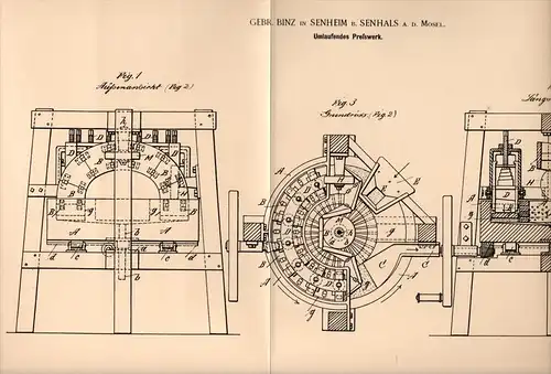 Original Patentschrift - Gebr. Binz in Senheim b. Senhals a. Mosel , 1894 , umlaufendes Preßwerk , Presse !!!